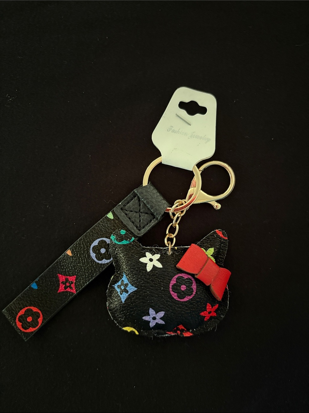 Black Multicolor Monogram Fashion Hello Kitty Keychain Bag Charm with Red Bow